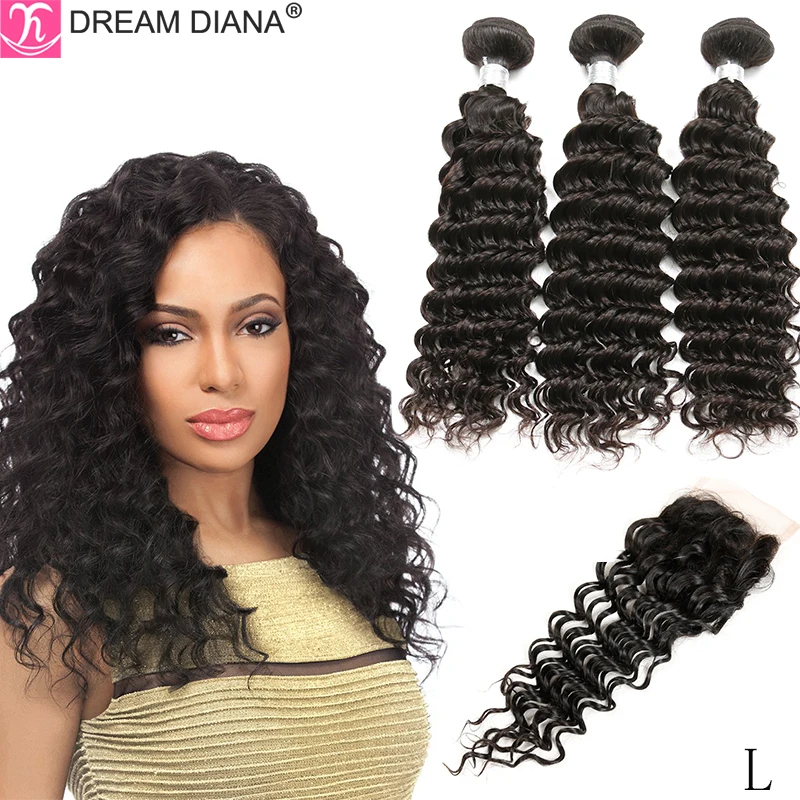 DreamDiana Brazilian Deep Curly With Closure 100% Remy Ombre Human Hair Bundles And Wave | Шиньоны и парики