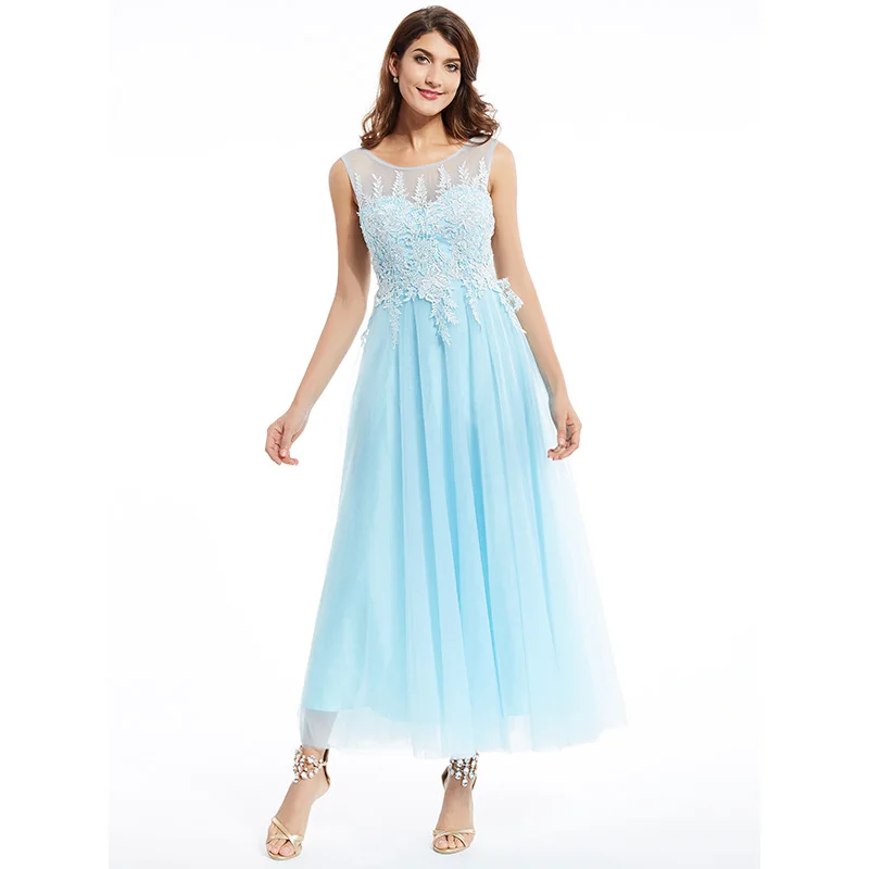 

Dressv blue scoop neck long evening dress appliques sleeveless cheap wedding party formal dress a line evening dresses