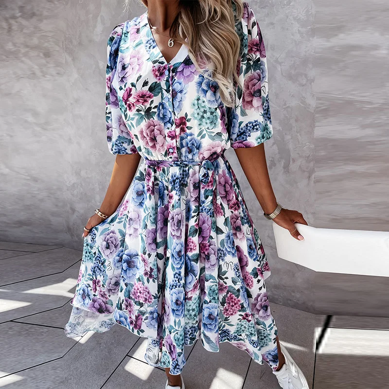 

New Women Puff Sleeve Floral Print dress Elegant Sexy V-Neck Button Midi dress Ladies Summer Chiffon Irregular Slim Party Dress