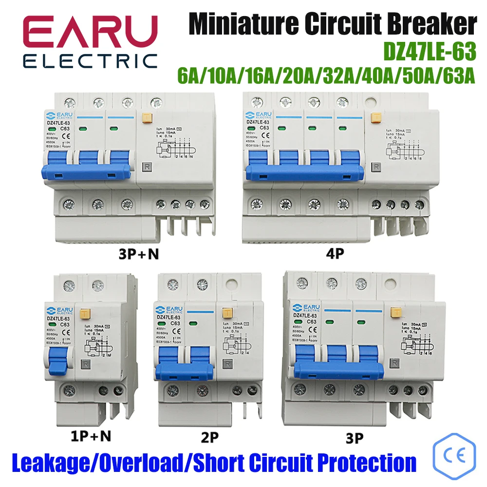 

DZ47LE-63 Household Miniature Circuit Breaker 1P/2P/3P/4P Air Switch With Leakage Protector Three-phase Main Gate