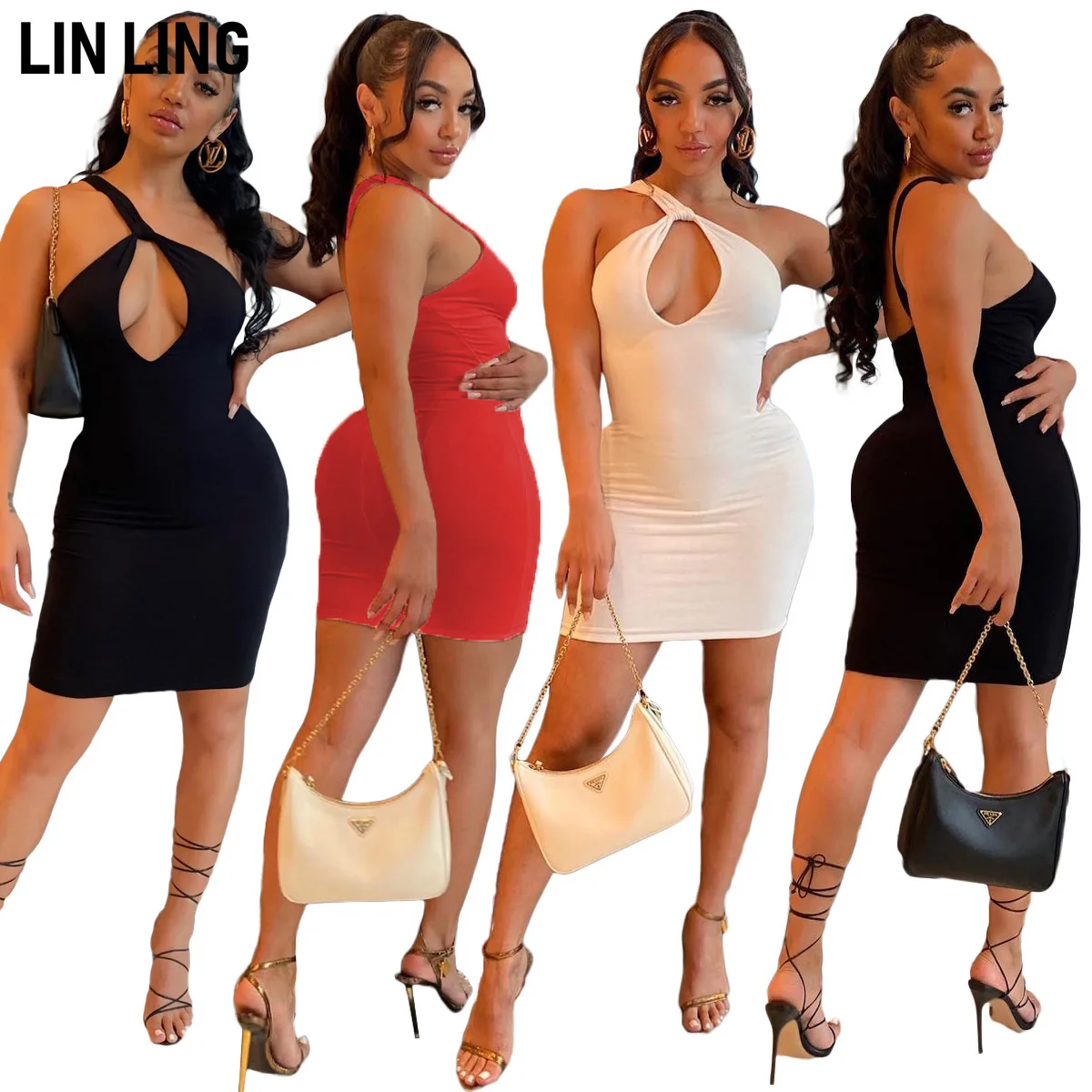 

LINLING Solid Casual Tight Dress One Shoulder Hollowed Out Sexy Nightclub Buttocks Banquet Party Club Dress