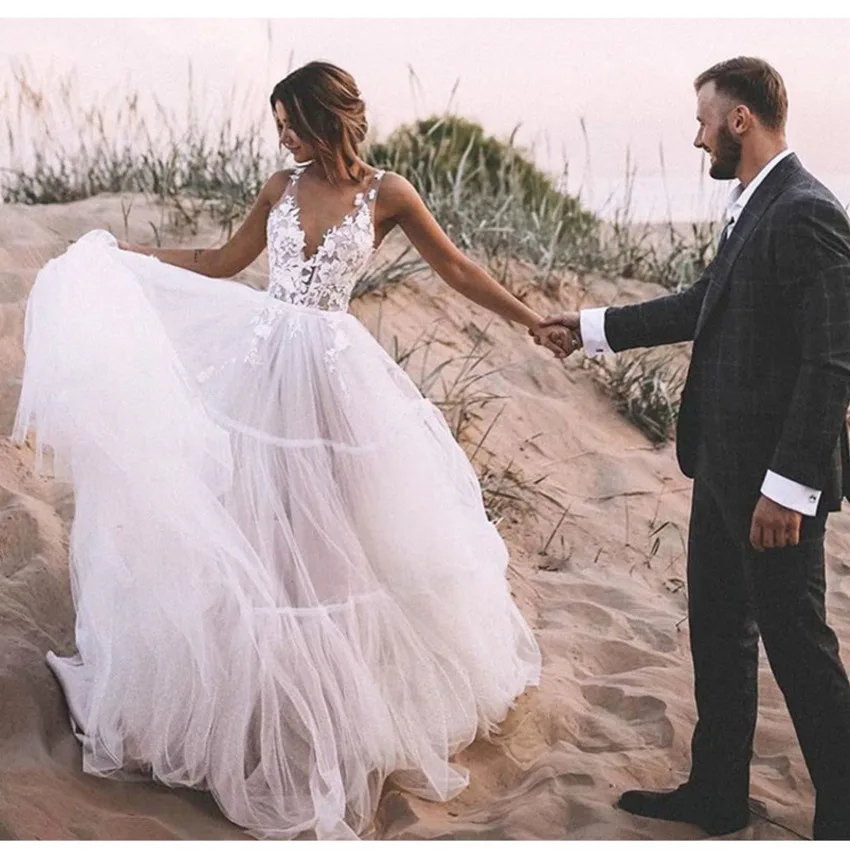 

Boho Wedding Dresses Puff A Line Long Backless Beach Wedding Gown Appliques Lace Bride Dress 2021 Vestido De Noiva Brautkleid