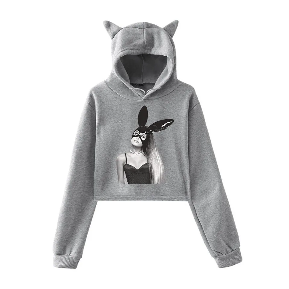 Cotton Pink Hoodie Crop Sweatshirts Cat Ear Hat High Waist Woman Pattern Printing Womens Clothing Streetwear 2019 | Женская одежда