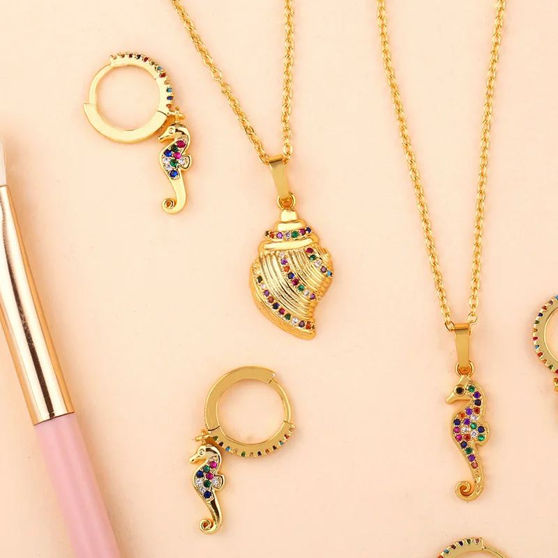 Bohemian Conch Seahorse Pendant Necklace For Women Colorful Cubic Zirconia Gold Chain Jewelry Anillo de dama nke-p40 | Украшения и