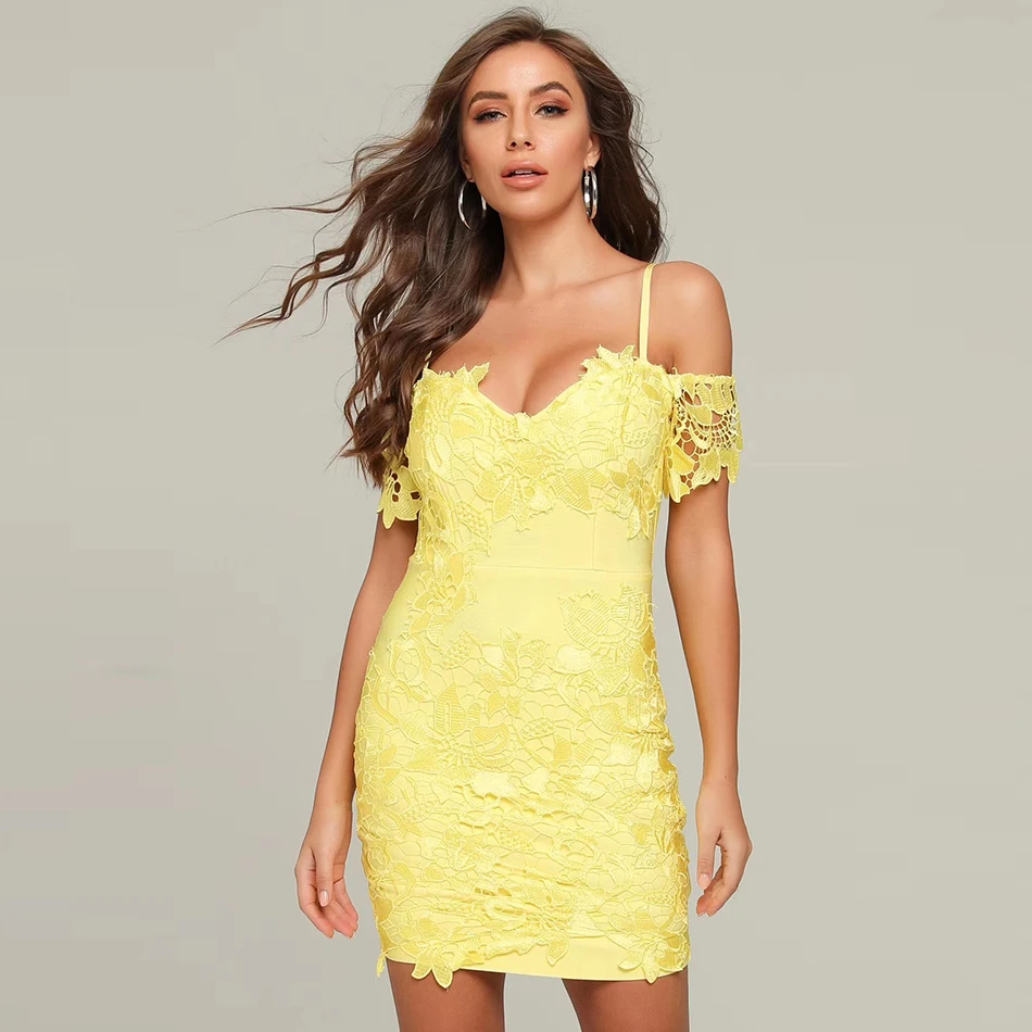 

Miss Water 2020New Summer Yellow Lace Bandage Dress Women Sexy Spaghetti Strap V-Neck Club Celebrity Evening Party Dress Vestido