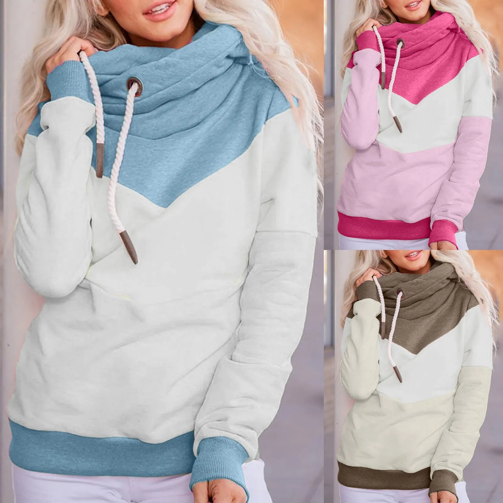 

Women Sweatshirt 2020 Fashion Casual Solid Contrast Long Sleeve Hoodie Sweatshirt Tops Drawstring Pullover Tops with Pocket A80
