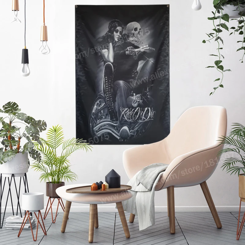 Skull Tattoo Motorcycle Biker Rider Flag Banner Sexy Lady Beauty Home Decoration Hanging 4 Gromments In Corners 3*5FT 144*96CM |