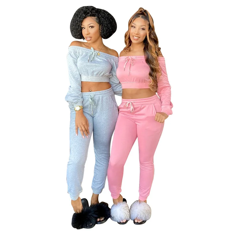 

2020 European American Sportswear Women's Fashion Autumn INS Style Solid Streetwear Two Piece Set Sweet and Lovely for Gf