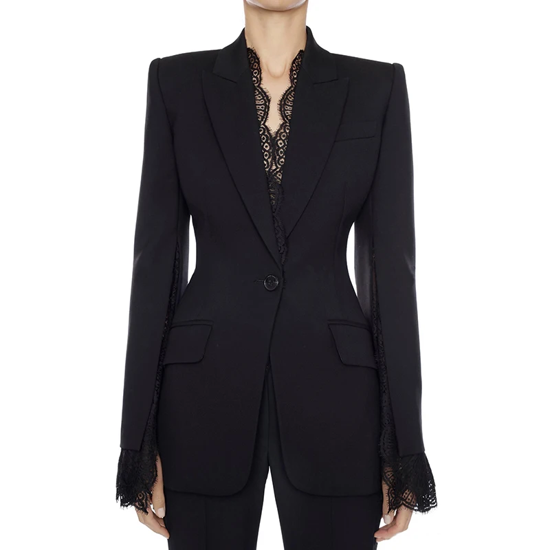 

HIGH STREET 2022 New Stylish Designer Blazer Jacket Women's Lace Fringe Slit Sleeve One Button Blazer