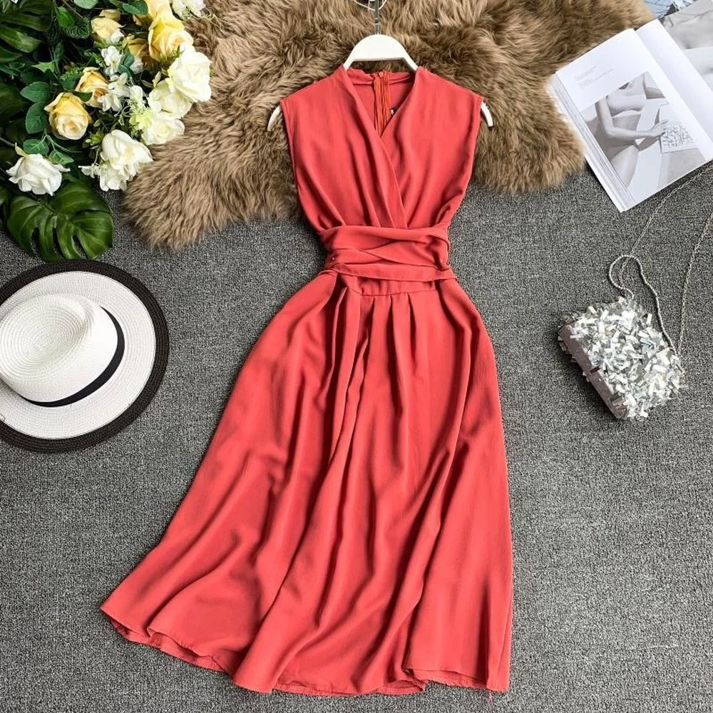 

Women's Dress Casual French Sexy V-neck Sleeveless Tie Mid-calf Dress Summer Chiffon Sashes Zipper Regular A-LINE Solid Empire