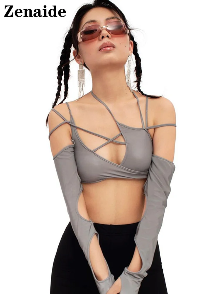 Женская футболка с вырезами Zenaide летняя пикантная в стиле панк лямкой на шее