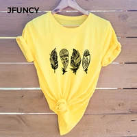 jfuncy plus size feather print t shirt women oversize summer t shirts female cotton short sleeve tees top woman casual tshirt