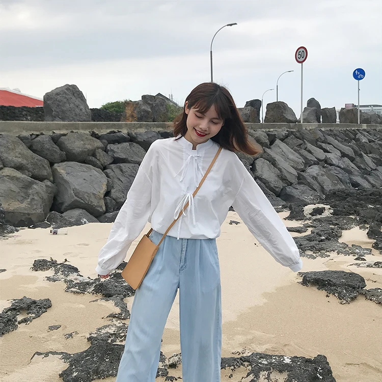 

2 colors 2019 autumn preppy style solid color lace up shirt women long sleeve blouses womens tops (F3786)