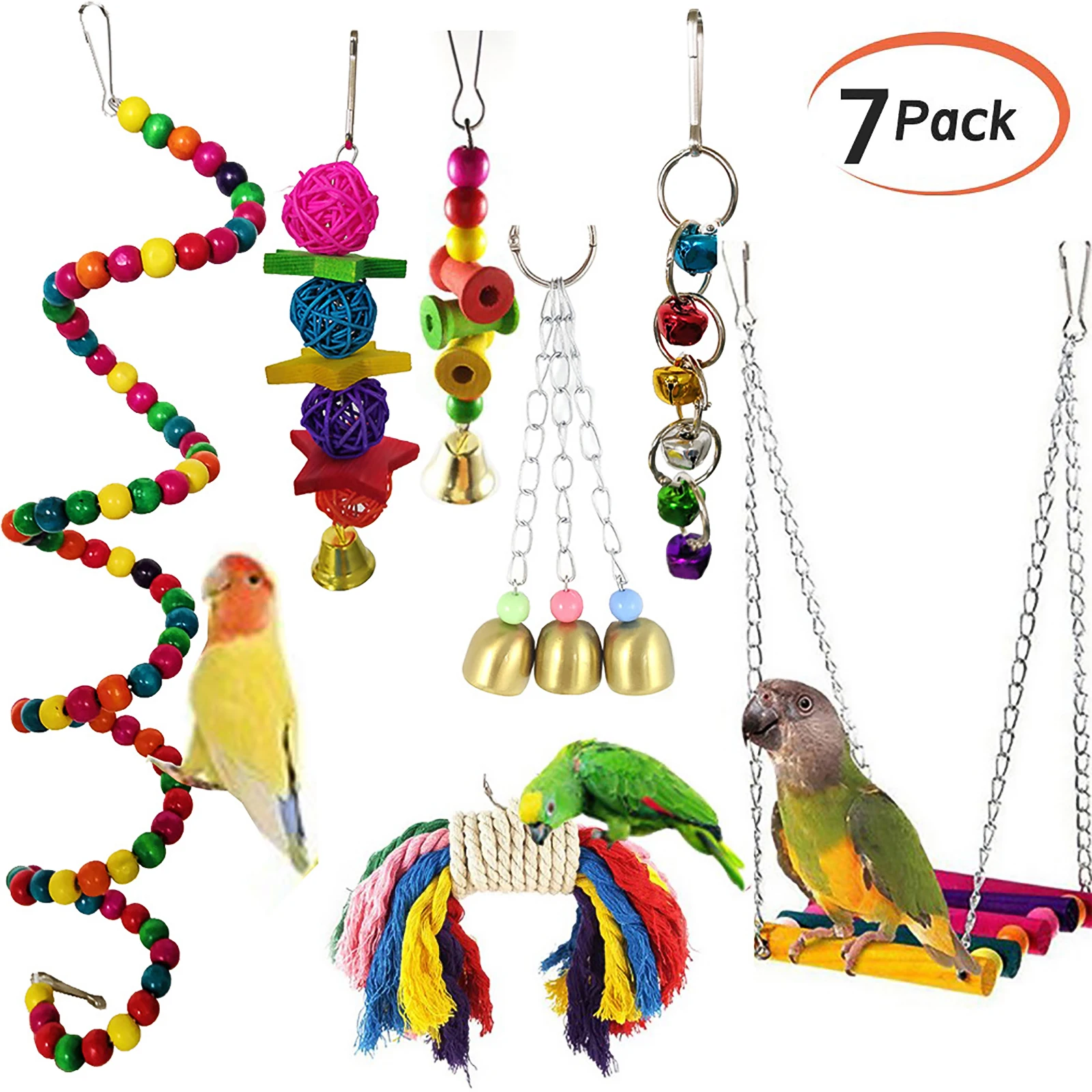 

7pcs Parrot Toys Wood Birds Standing Chewing Rack Toys Bead Ball Heart Star Shape Parrot Toy Bird Toys Accessories Supplies