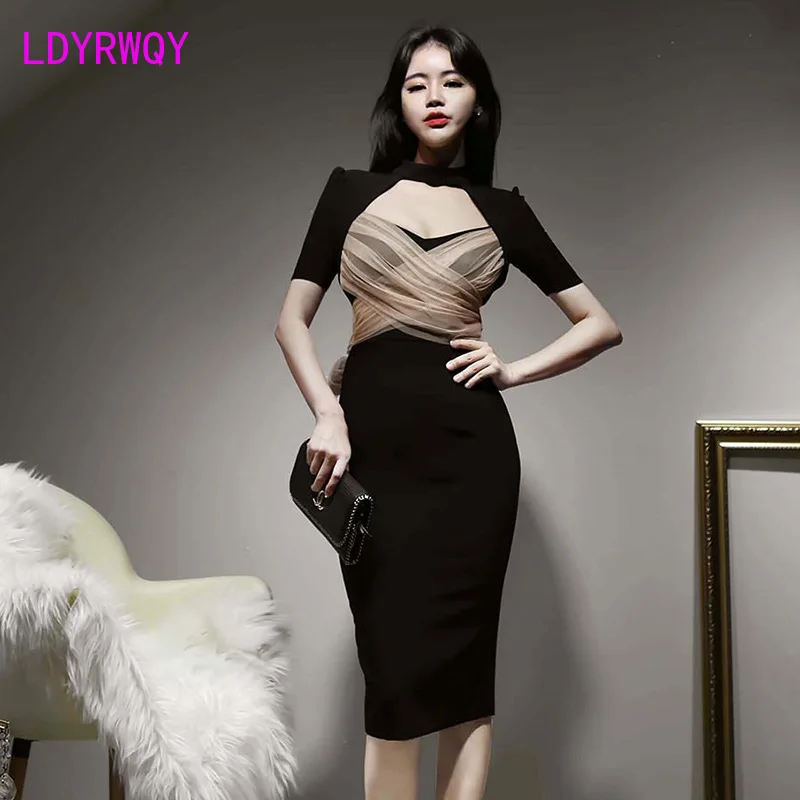 

LDYRWQY 2021 Korean version sexy temperament hollow-out mesh stitching lace slim body and hip dress Office Lady