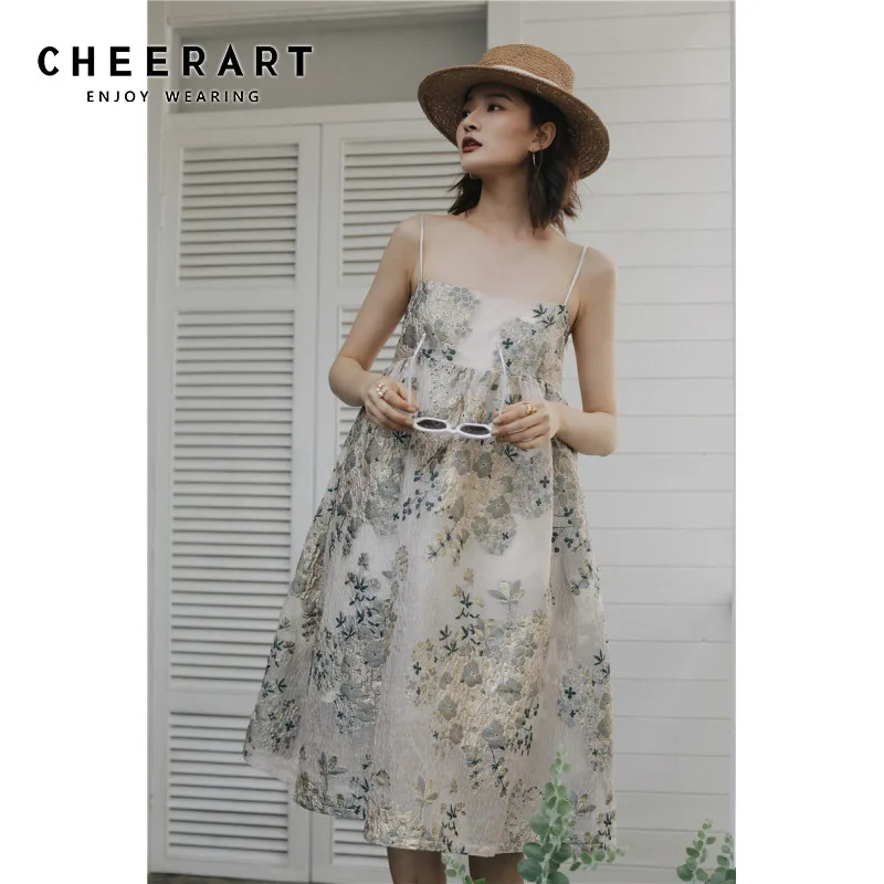 

CHEERART Floral Embroidered Dress Women Summer Jacquard Spaghetti Strap Gold Ball Gown Vacation Dress Elegant 2020