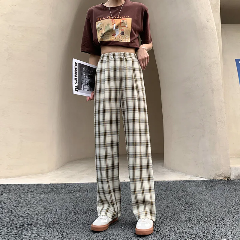 

Plaid pants women's summer thin section high waist loose straight drape was thin casual chiffon wide leg pants ins tide