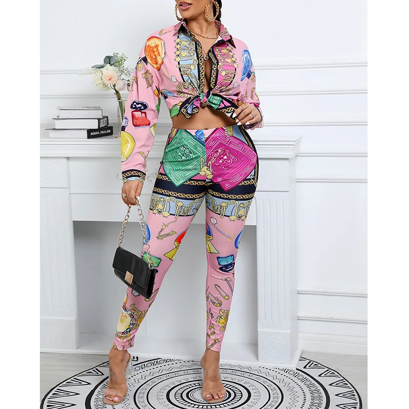 

Casual Suit Two-piece Set Women Autumn 2021 New Printed Long Sleeve Shirt + Trousers Fashion Pants Sets