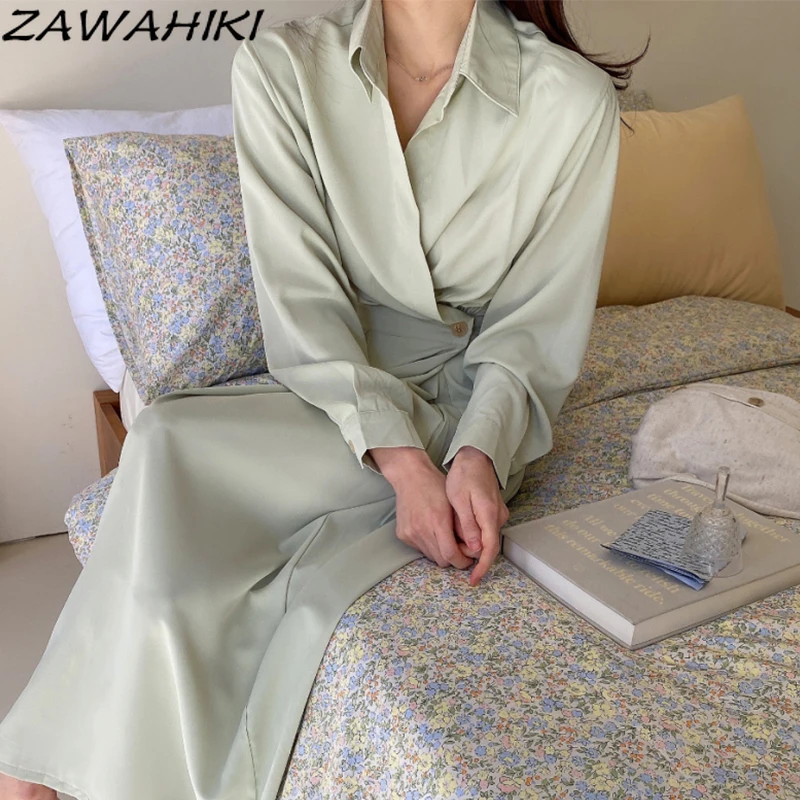 

Zawхитки, корейское женское платье, однотонное шикарное платье на одной пуговице, с высокой талией, с отложным воротником, тонкое плиссирован...