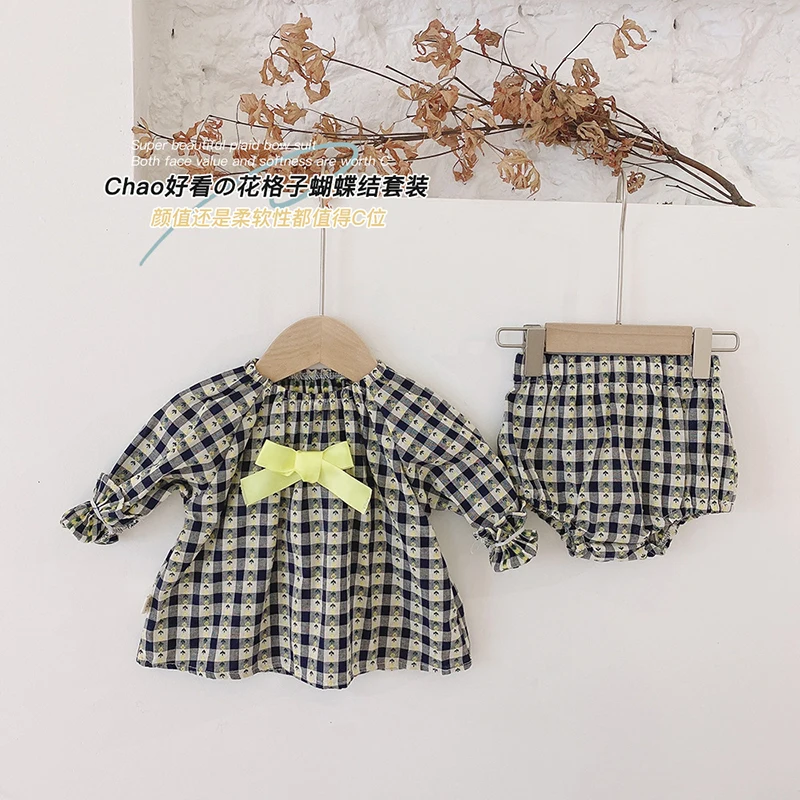 

Комплекты одежды для младенцев, Детский костюм, одежда с цветочным принтом на весну и осень, клетчатая Одежда для новорожденных девочек с ба...