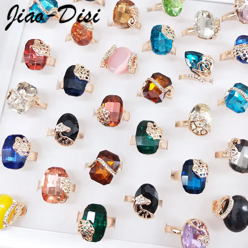 

50Pcs Wholesale Mixed Crystal Rings Clover Zircon Rhinestone Tail Finger Rings Colorful Shiny Party Jewelry for Girls