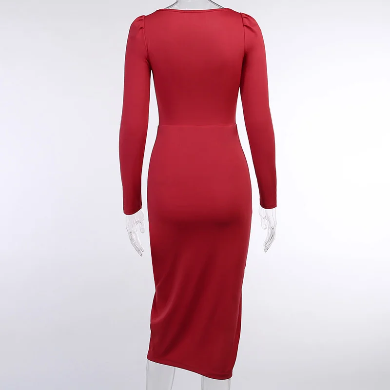 

Женское платье с длинным рукавом, элегантное приталенное платье средней длины до колен с пышными рукавами, повседневное винтажное осеннее ...