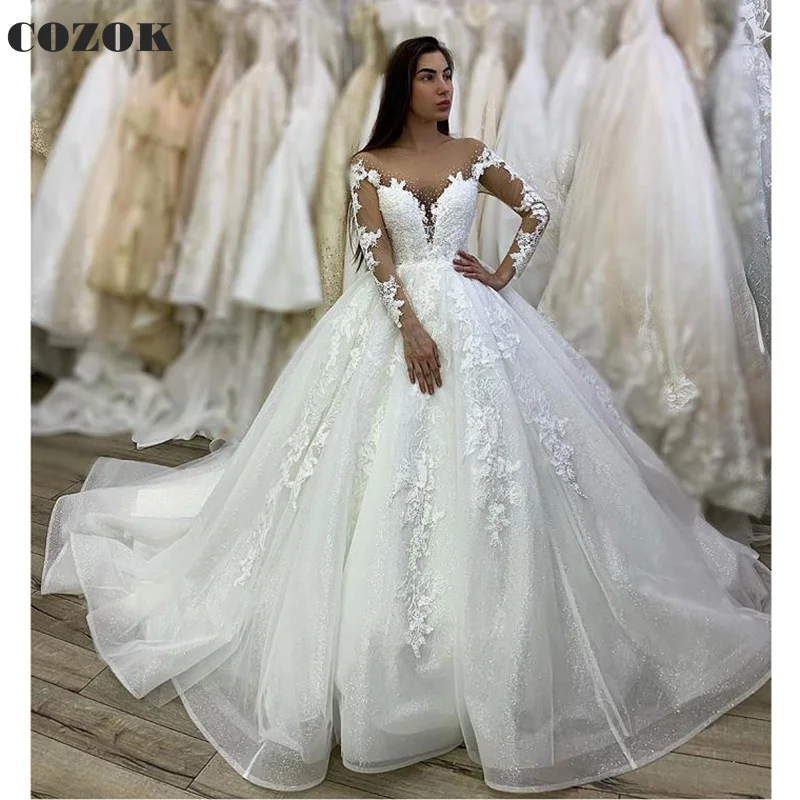 

Luxury Wedding Dresses for Bride Ball Gown Puffy Long Sleeve Tulle Lace Beading Crystal Formal Vintage Bride Gowns CO96