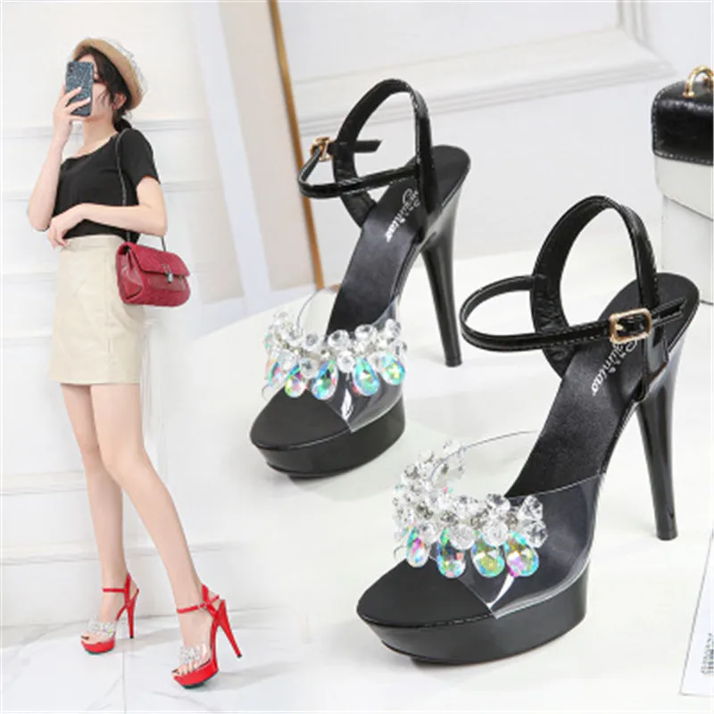 

Summer 13 CM Thin High Heels Women Sandals Candy Color Leather Fashion Transparent High heel Shoes Woman Strap Buckle Stilettos