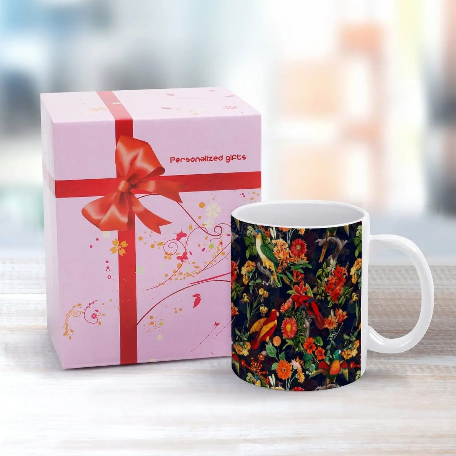 Кружка Керамическая в виде Тропических птиц ночных джунглей садов темно синего и