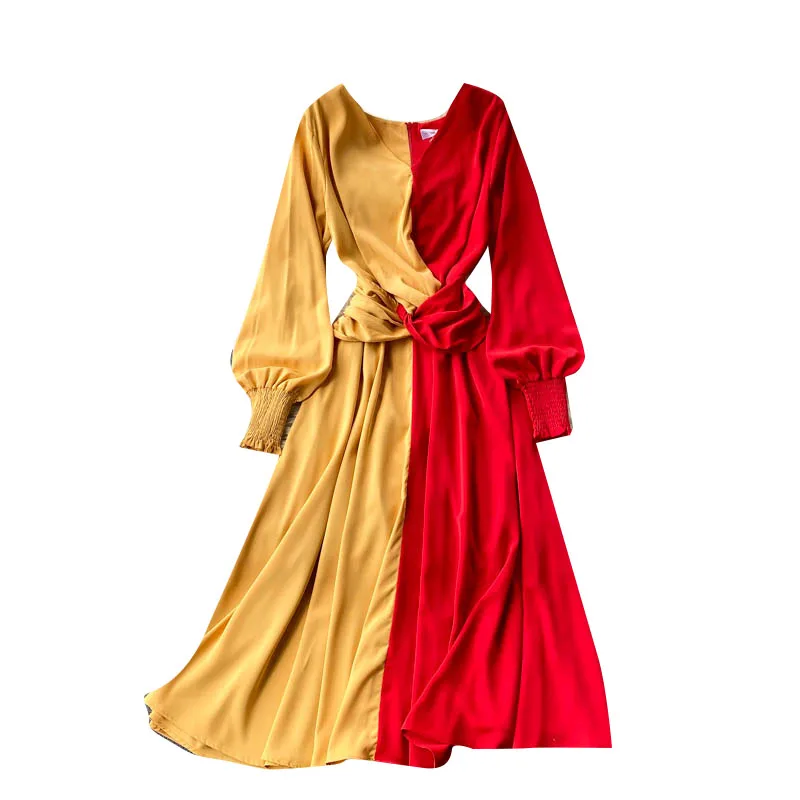 

2021 New Spring Fashion Vestidos Women's V-neck Puff Sleeve Summer Contrast Color and Receive Waist Midi Dress GL589