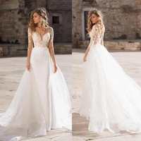 sheer v neck long sleeves lace appliques mermaid wedding dresses with detachable tulle train long bridal gowns with v shape back