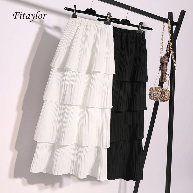 Fitaylor 2020 Women New Black White Korean Style Long Skirt Female 4 Layered Summer Pleated Chiffon Layer Cake Sun | Женская одежда