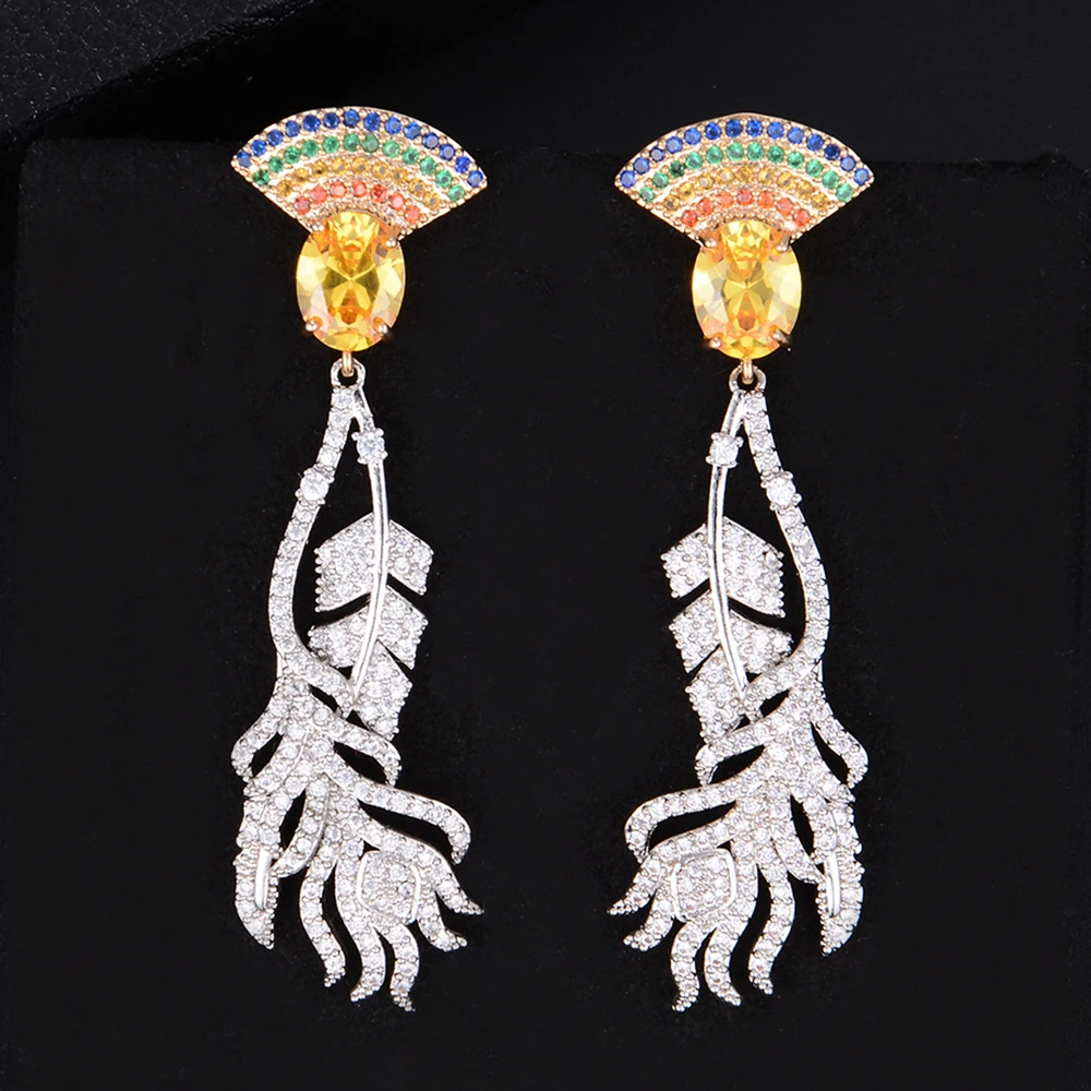 

LARRAURI Elegant Feathers Drop Earrings for Women Clear Cubic Zircon Fashion Earrings Jewelry boucle d'oreille femme 2019