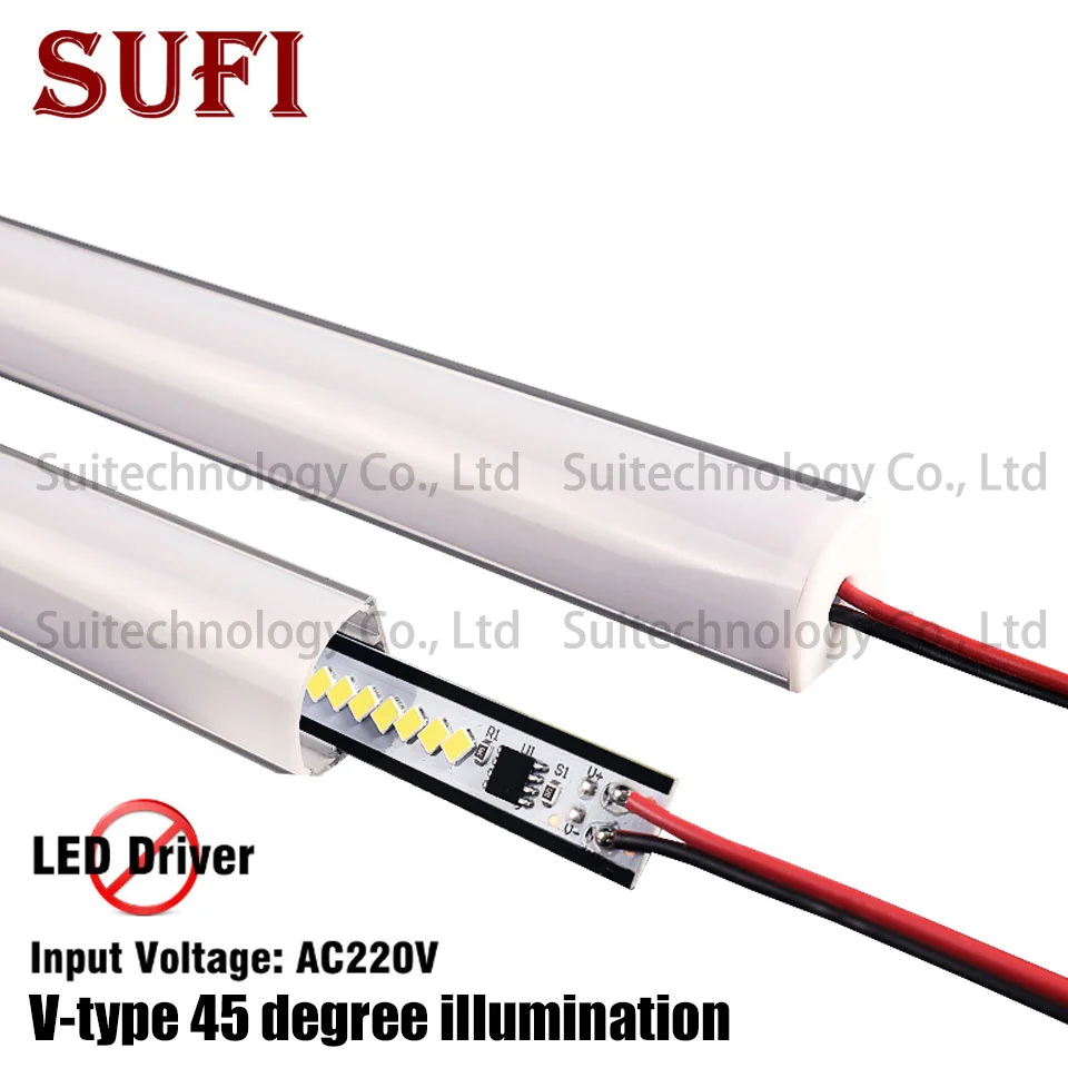 

4pcs AC220V LED bar light V shape Triangle aluminum profile LED Rigid Strip mikly/Transparent cover For Showcase Cabinet Kitchen