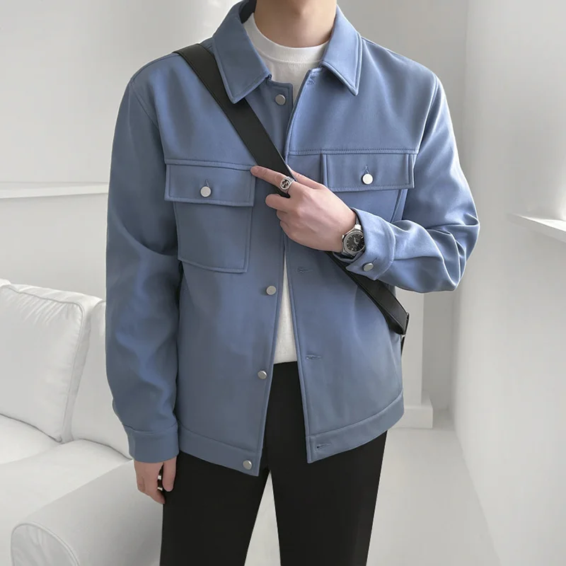

Men's Jacket Coat 2021 Autumn Loose Versatile Tops Korean Fashion Casual Slim Fit Blue Lapel Single Breasted Coat