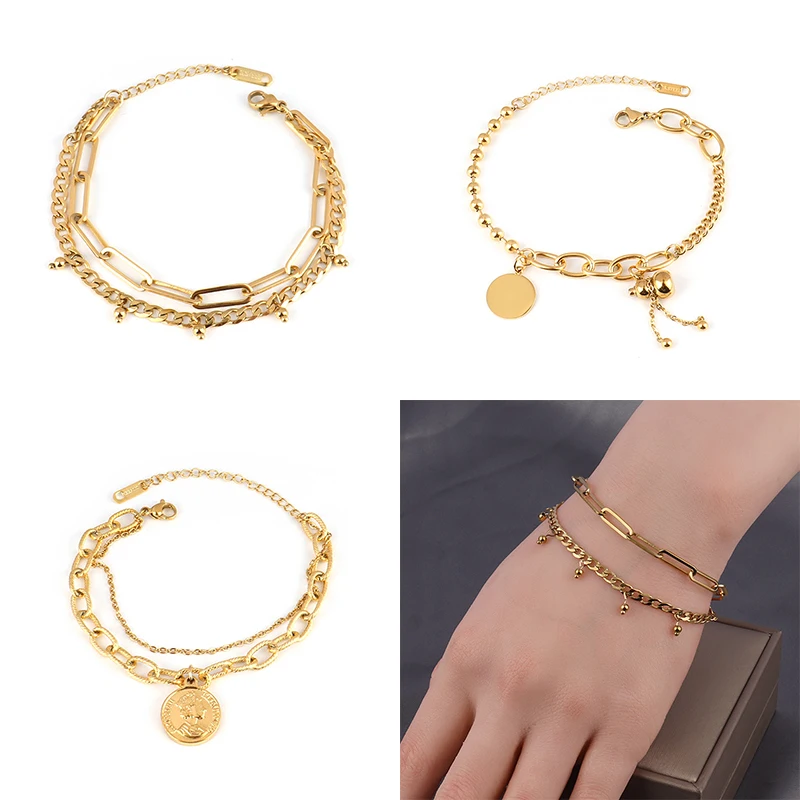 

Punk Stainless Steel Bracelet For Women coin Pendant Thick Chain Bracelet Charm bracelets Party Jewelry Gift friends