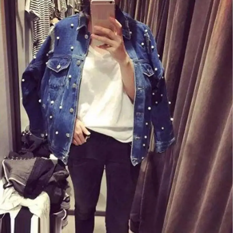 Pearls Beading Ripped Denim Jacket Women Vintage Single Breasted Long Sleeve Jean Jackets and Coats Plus Size Spring Fall - Цвет: dark blue