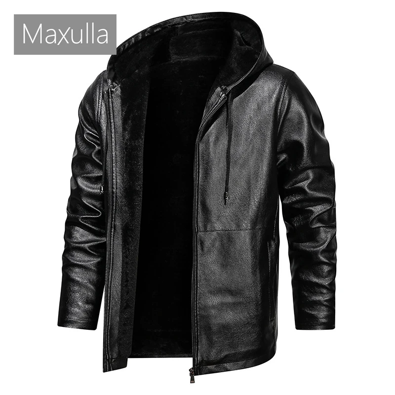 

Куртка мужская зимняя из искусственной кожи, на флисе, с капюшоном