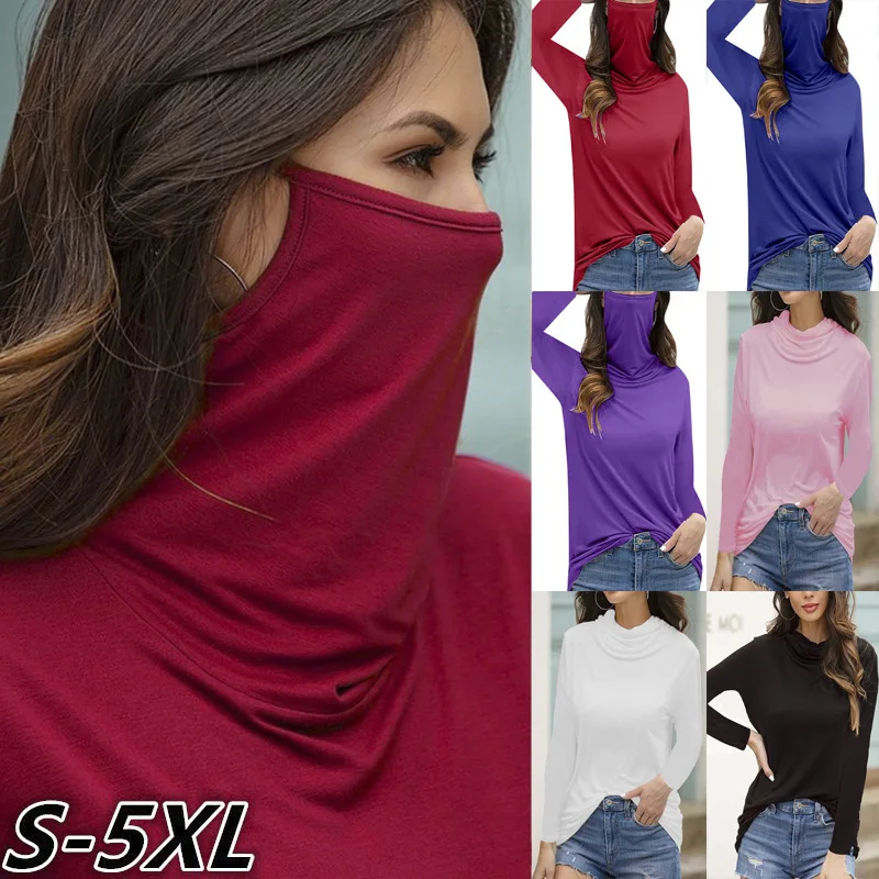 

European and American Women's Fashion Dust Masks High Collar Long Sleeve T-Shirt Tops Women's Clothing Oversize S-5XL