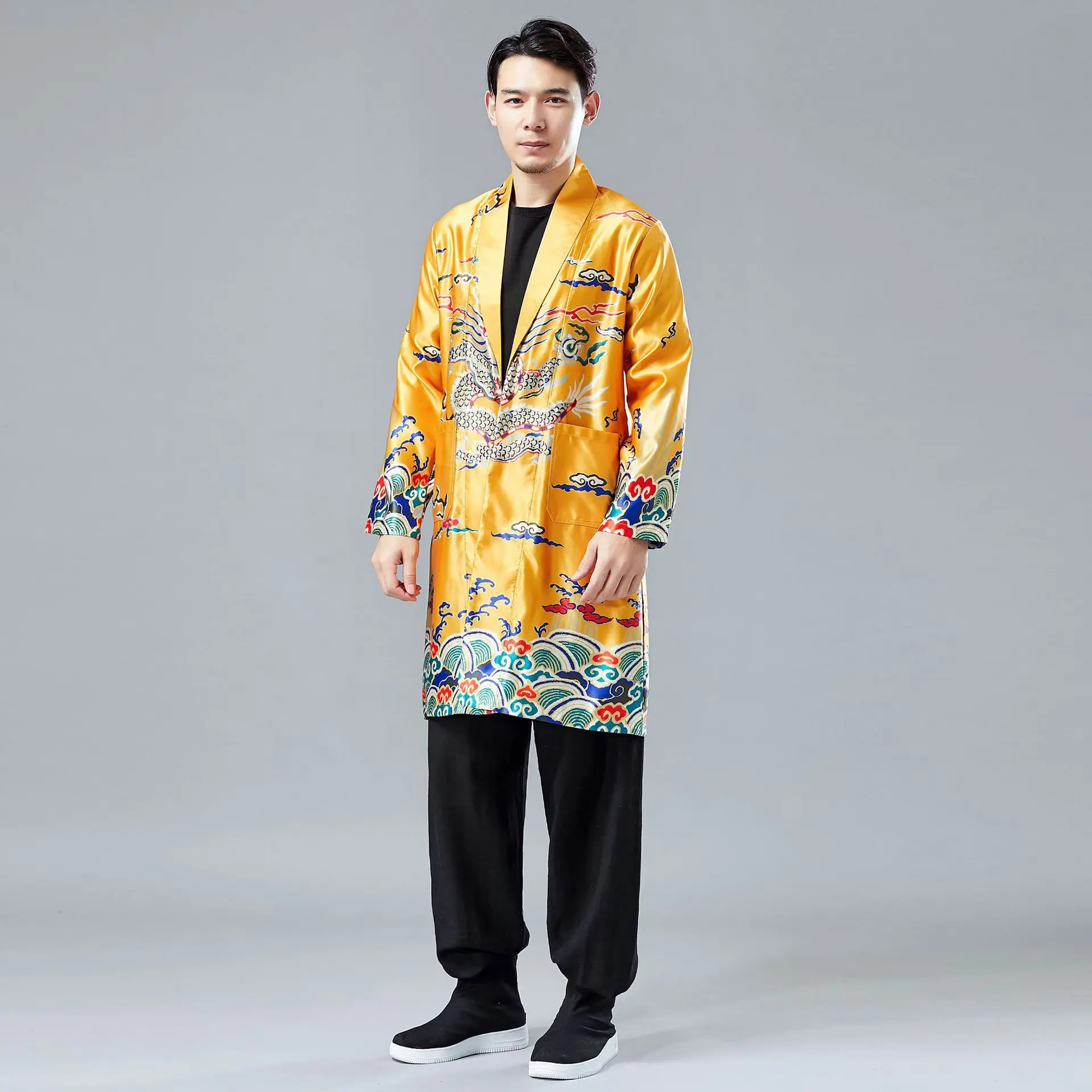 

Dragon windbreaker national literary style casual men's windbreaker with long stand collar and slim dragon robe costume