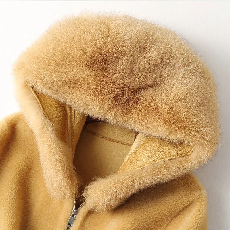 Real Fur Coat Female Vintage Sheep Shearing Jacket Clothes Women Korean Winter Fox Collar 100% Wool Coats Hiver 1915 | Женская одежда