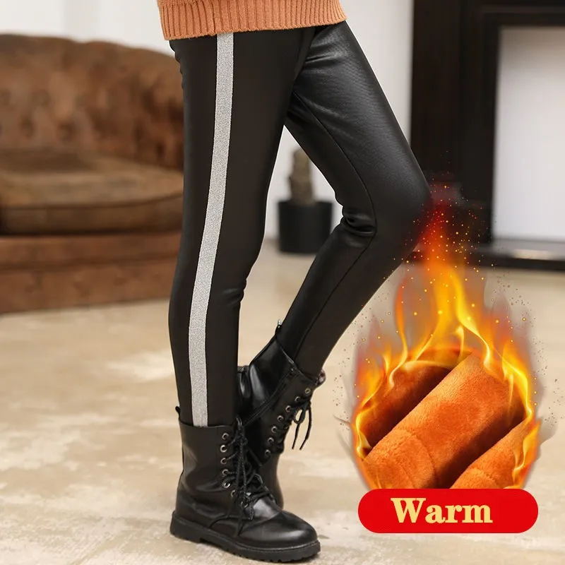 

New Girls Pants Winter Kids Thick Velvet Leggings Pencil Pants Children Warm Trousers Faux Pu Leather Legging Slim Pants 2-12 Y
