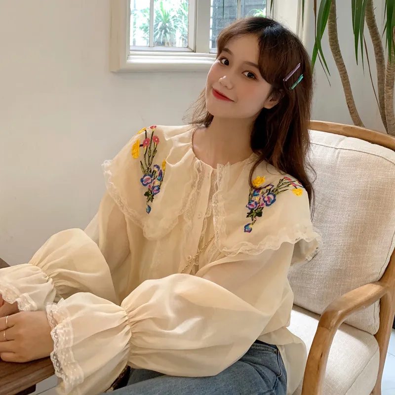 Женская блузка с цветочной вышивкой в стиле преппи рубашка одежда блузки длинным