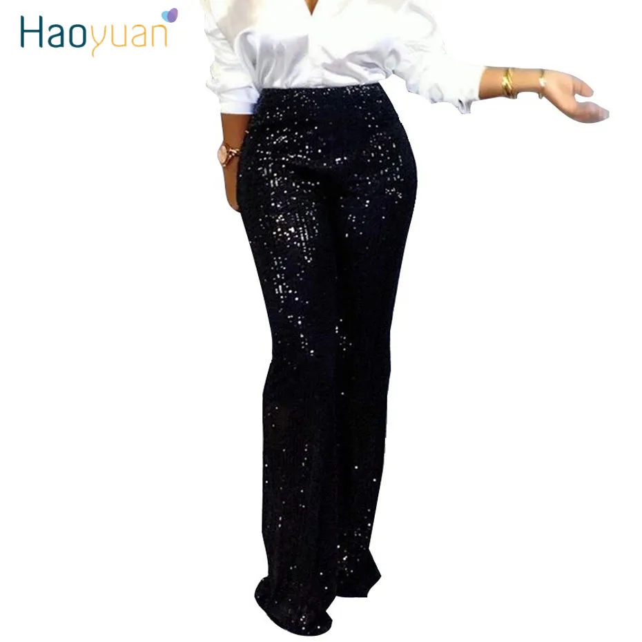 HAOYUAN, серебристые, черные штаны с блестками, женские, Рейв, фестиваль, модные брюки, Осенние повседневные Клубные наряды, высокая талия, широкие штаны