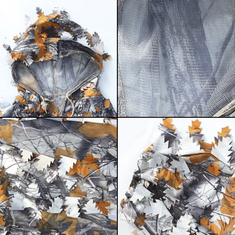 구매 3D 오렌지 잎 바이오닉 카모 사냥 낚시 기릴리 정장 통기성 전술 군사 후드 정장 장갑 및 모자 4 개