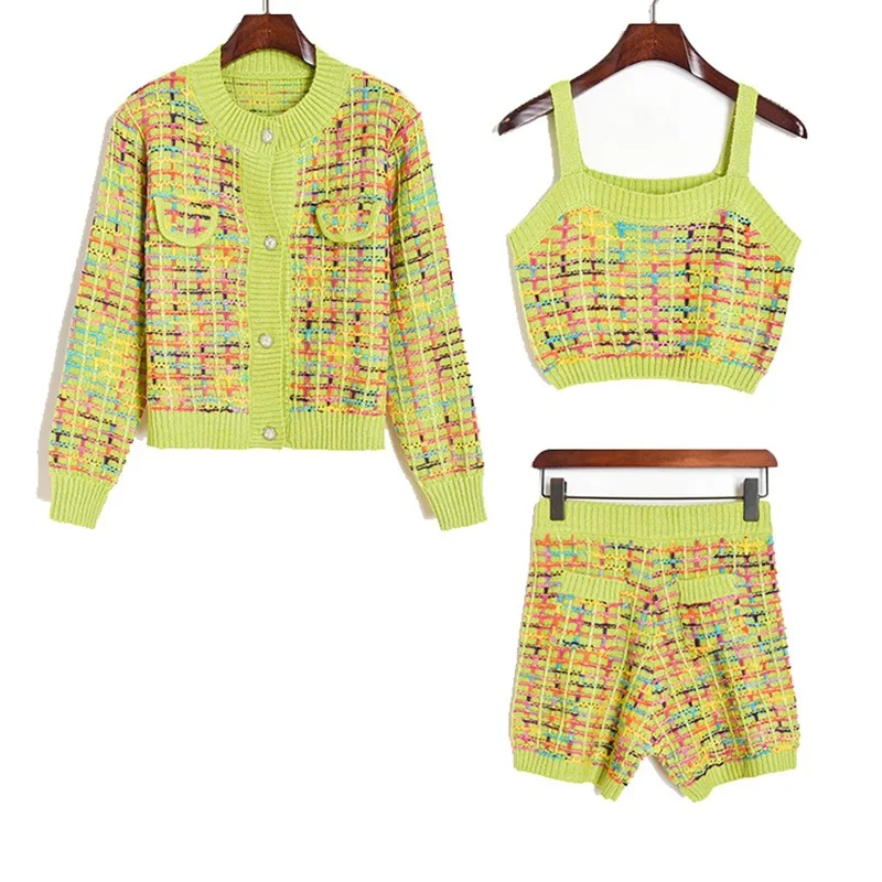 

Autumn Winter Vintage Three Pieces Sets Women Clothing Sexy Camisole&knitting Sweater Cardigan Women Tops & Pocket Shorts Female