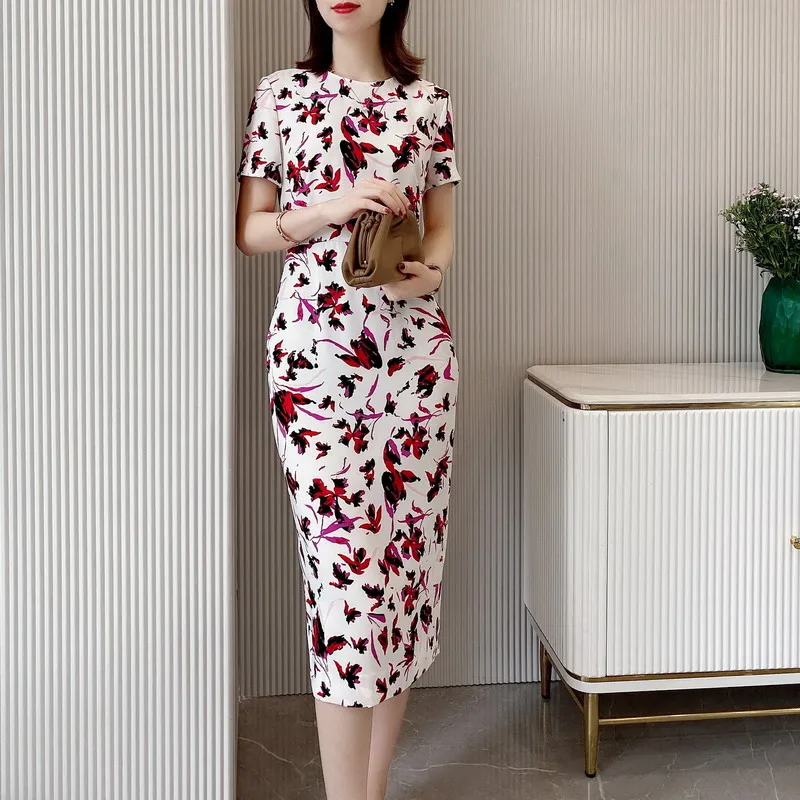 

New York Queen Silk Floral Pront Bodycon Pencil Hourglass Dress Midi Elegant Dress 2020 Summer New Collections
