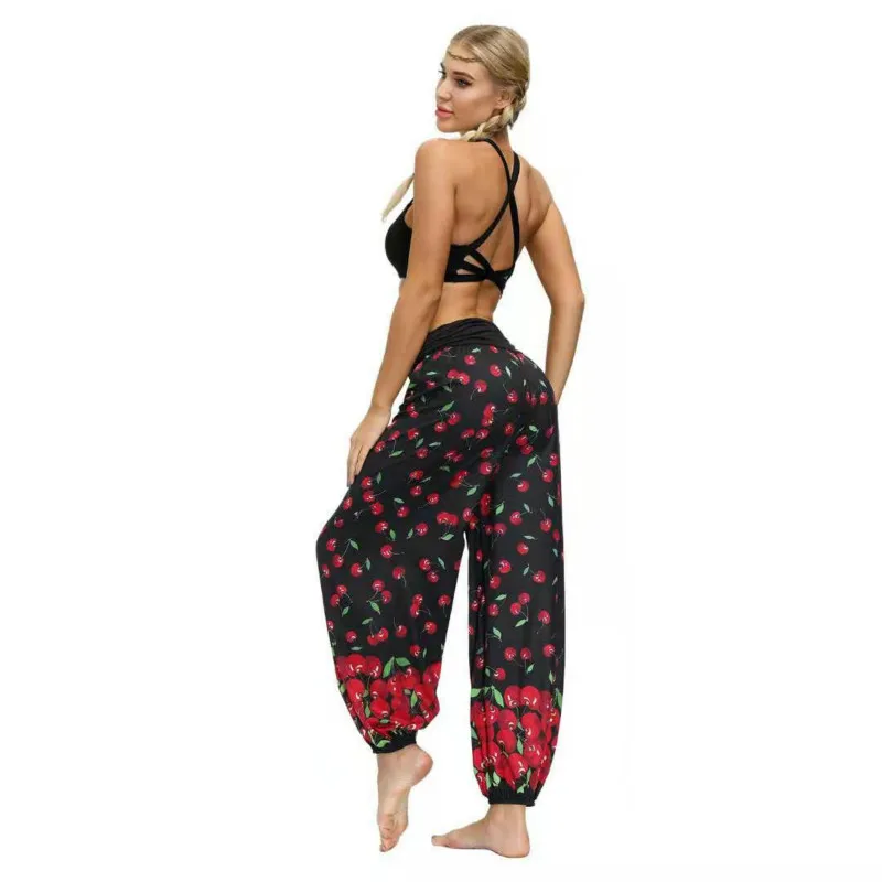 

Thai Indian Sports Yoga Bloomers Boho Pants in Cherry Digital Printing Women's Summer Leisure