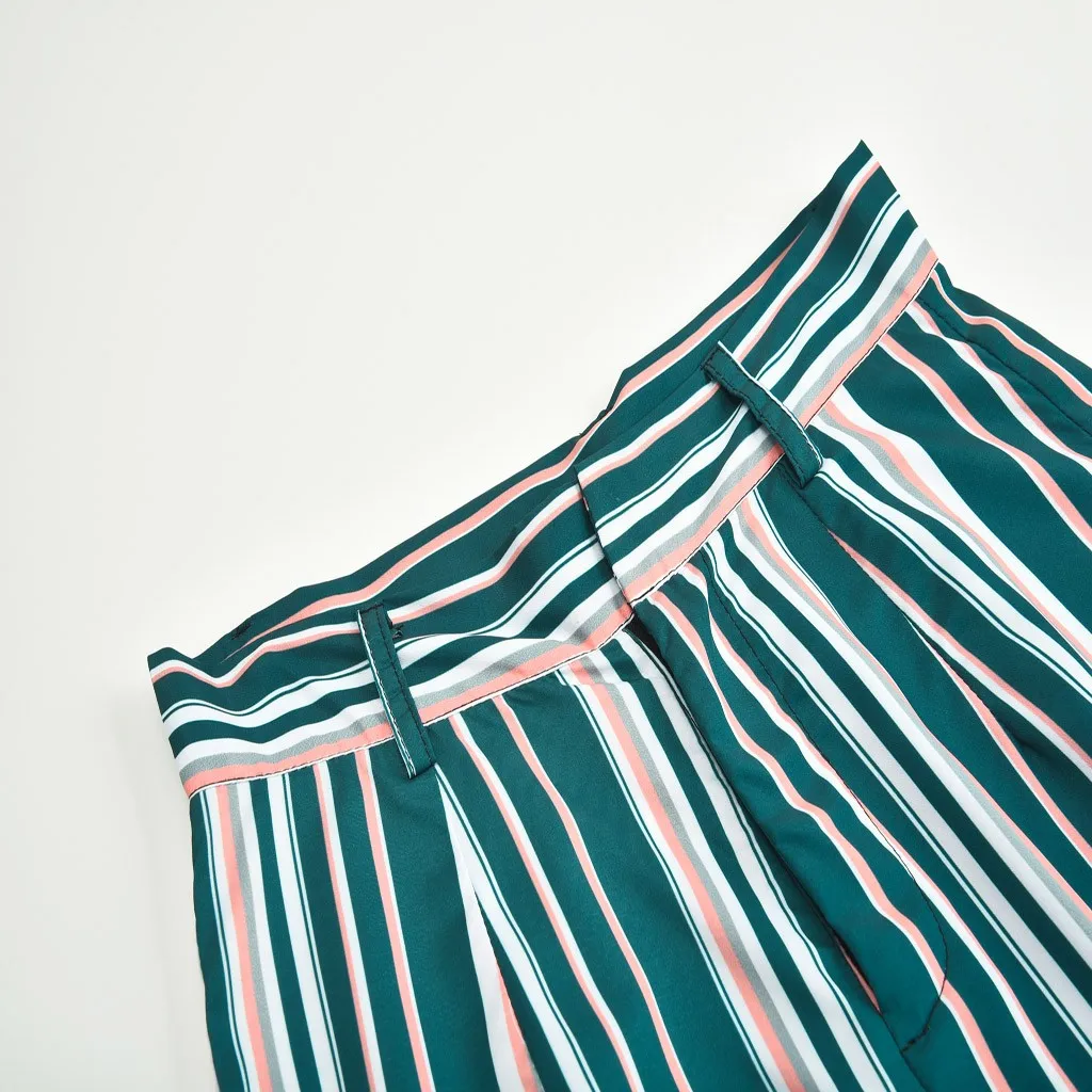 

Women Striped Wide Leg Pants Sweet Pockets Female Casual Chic Loose Trousers