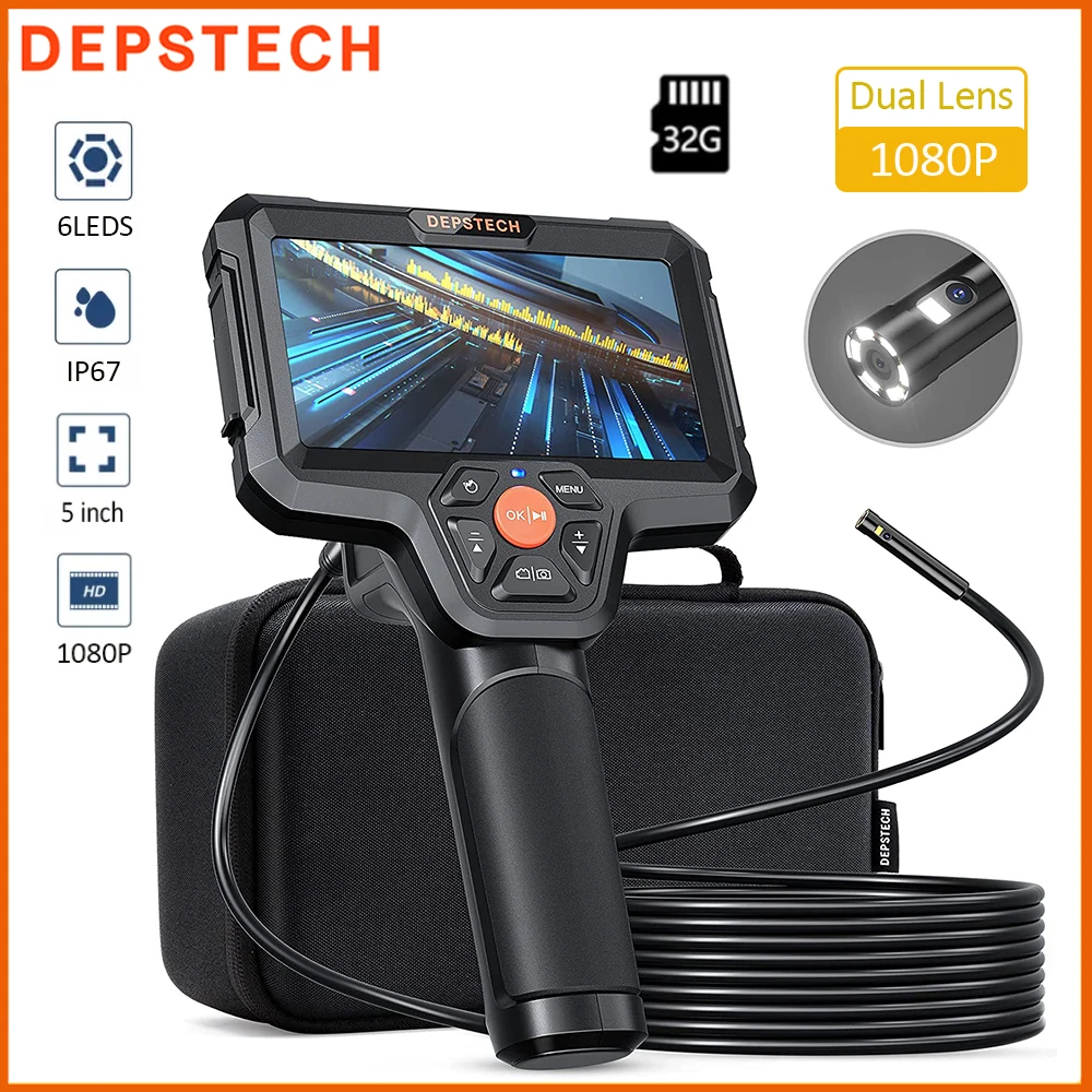 

DEPSTECH 2MP Endoscope Camera with 32GB Card/5" IPS Screen/7 LED/5000mAh Video Endoscope Sewer Dual Lens Inspection Camera